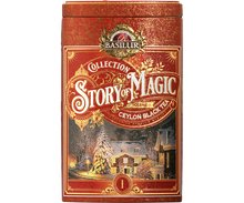Herbata Basilur Story of Magic vol. I w czerwonej świątecznej puszce z zimowym krajobrazem.