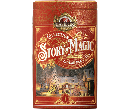 Herbata Basilur Story of Magic vol. I w czerwonej świątecznej puszce z zimowym krajobrazem.