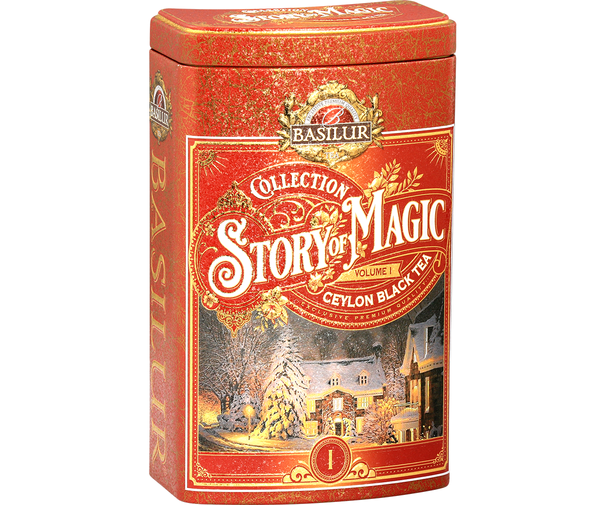 Puszka Basilur Story of Magic vol. I z motywem ośnieżonego dworu i złotymi zdobieniami.