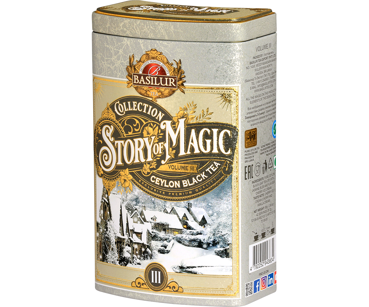 Herbata Basilur Story of Magic vol. III w eleganckiej srebrno-złotej puszce z zimowym krajobrazem.
