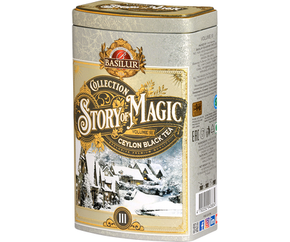 Herbata Basilur Story of Magic vol. III w eleganckiej srebrno-złotej puszce z zimowym krajobrazem.