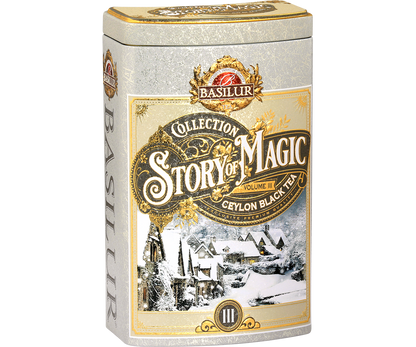 Opakowanie Basilur Story of Magic vol. III – czarna herbata cejlońska w luksusowej edycji zimowej.