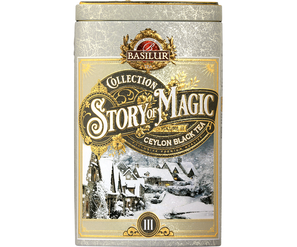 Puszka Basilur Story of Magic vol. III z ilustracją ośnieżonego miasta i złotymi zdobieniami.