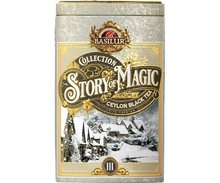 Puszka Basilur Story of Magic vol. III z ilustracją ośnieżonego miasta i złotymi zdobieniami.