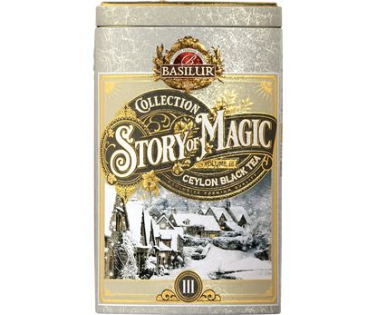 Puszka Basilur Story of Magic vol. III z ilustracją ośnieżonego miasta i złotymi zdobieniami.