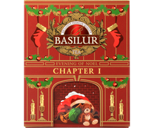 Opakowanie herbaty Basilur Chapter I Evening of Noel w czerwonej świątecznej puszce z motywem kominka.