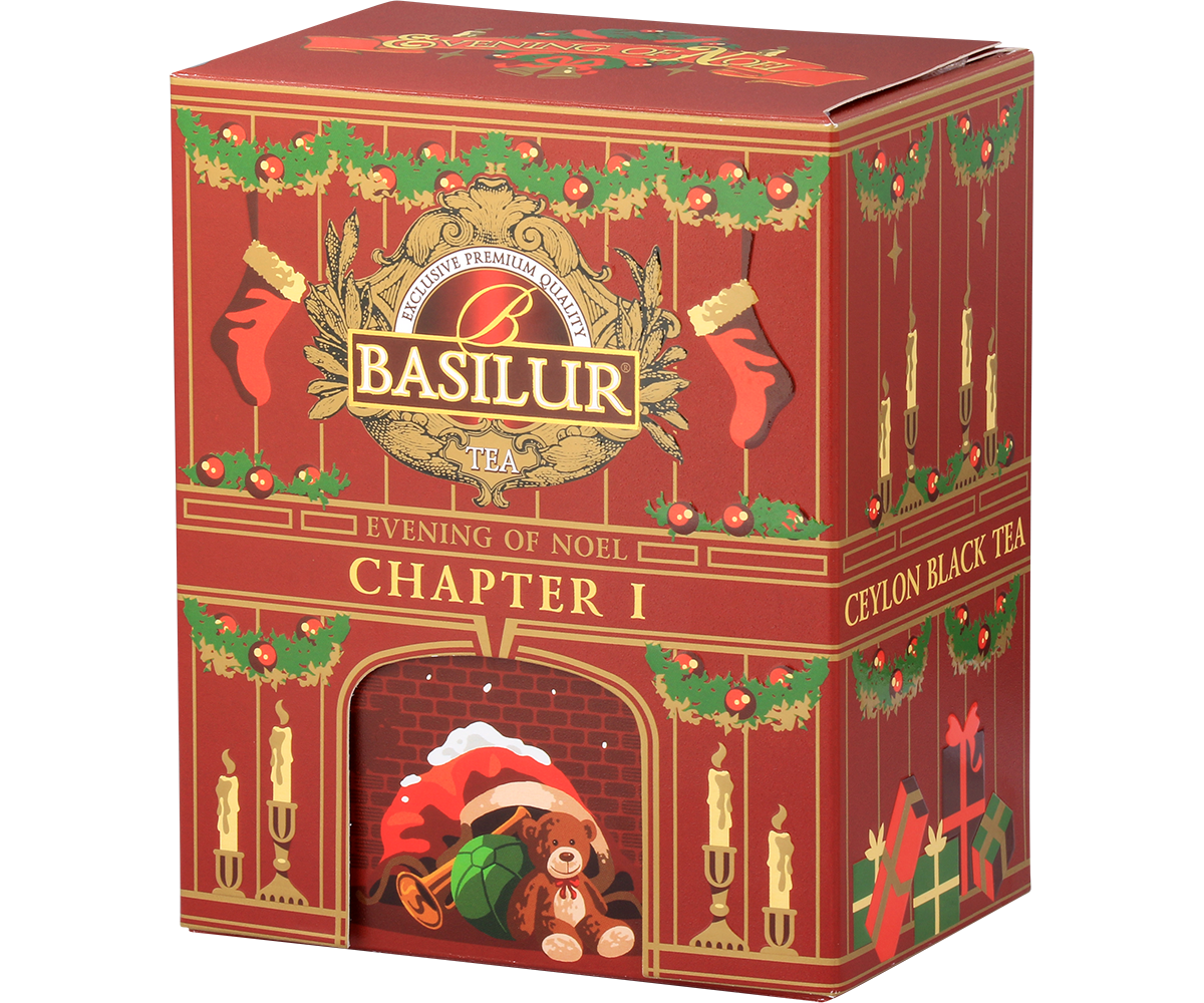 Herbata Basilur Evening of Noel Chapter I w ozdobnym pudełku świątecznym z misiem i prezentami.