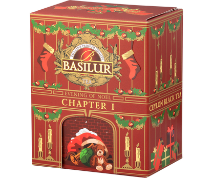 Herbata Basilur Evening of Noel Chapter I w ozdobnym pudełku świątecznym z misiem i prezentami.