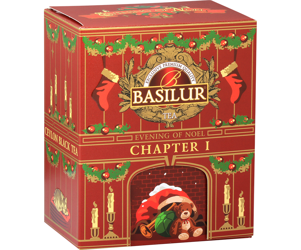 Zbliżenie na opakowanie Basilur Chapter I z logo i motywem świątecznego kominka, herbata czarna 75 g.