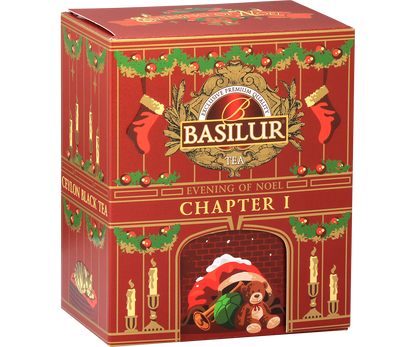 Zbliżenie na opakowanie Basilur Chapter I z logo i motywem świątecznego kominka, herbata czarna 75 g.