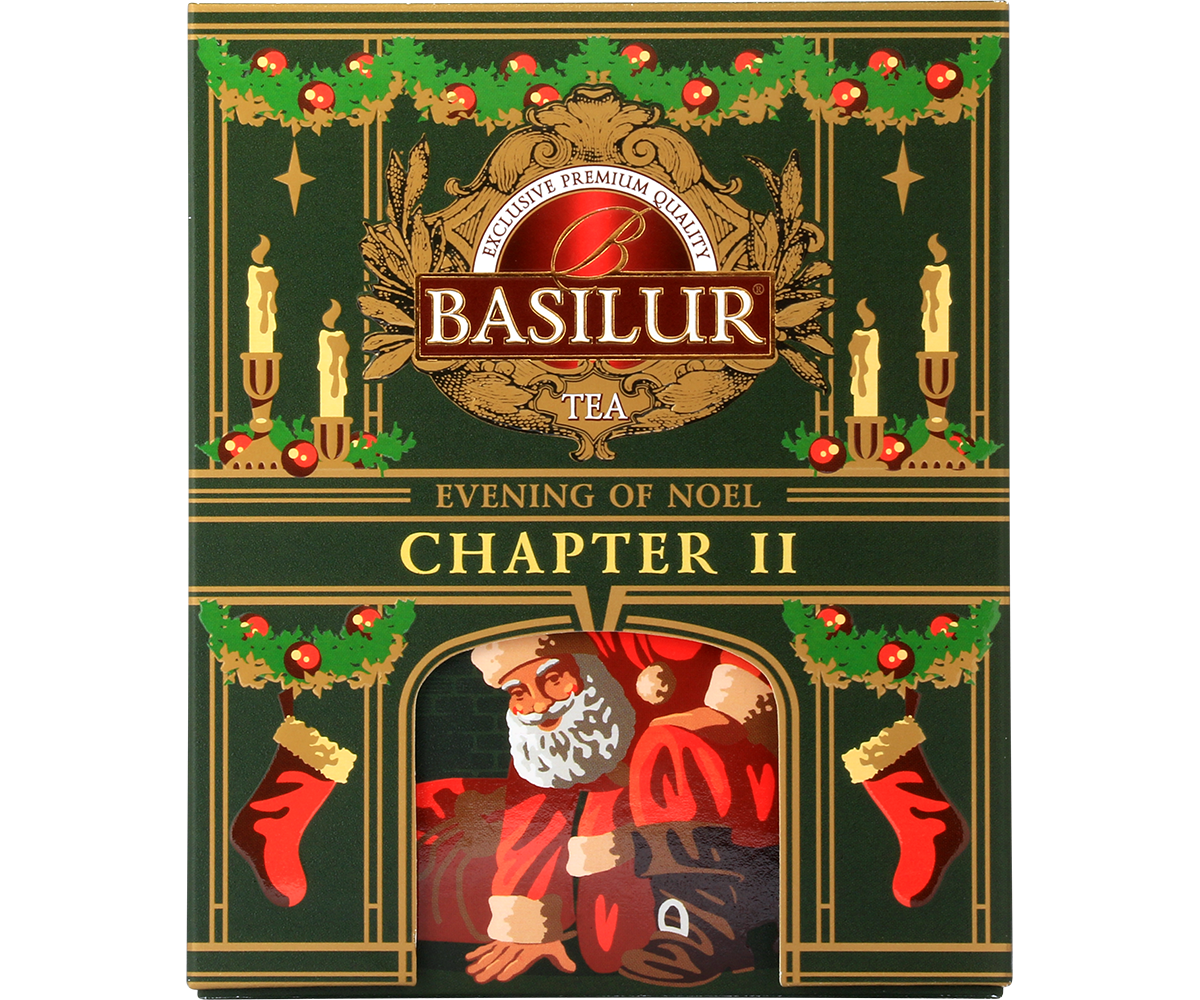 Opakowanie herbaty Basilur Chapter II Evening of Noel w zielonej świątecznej puszce z wizerunkiem Mikołaja.