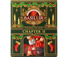 Opakowanie herbaty Basilur Chapter II Evening of Noel w zielonej świątecznej puszce z wizerunkiem Mikołaja.