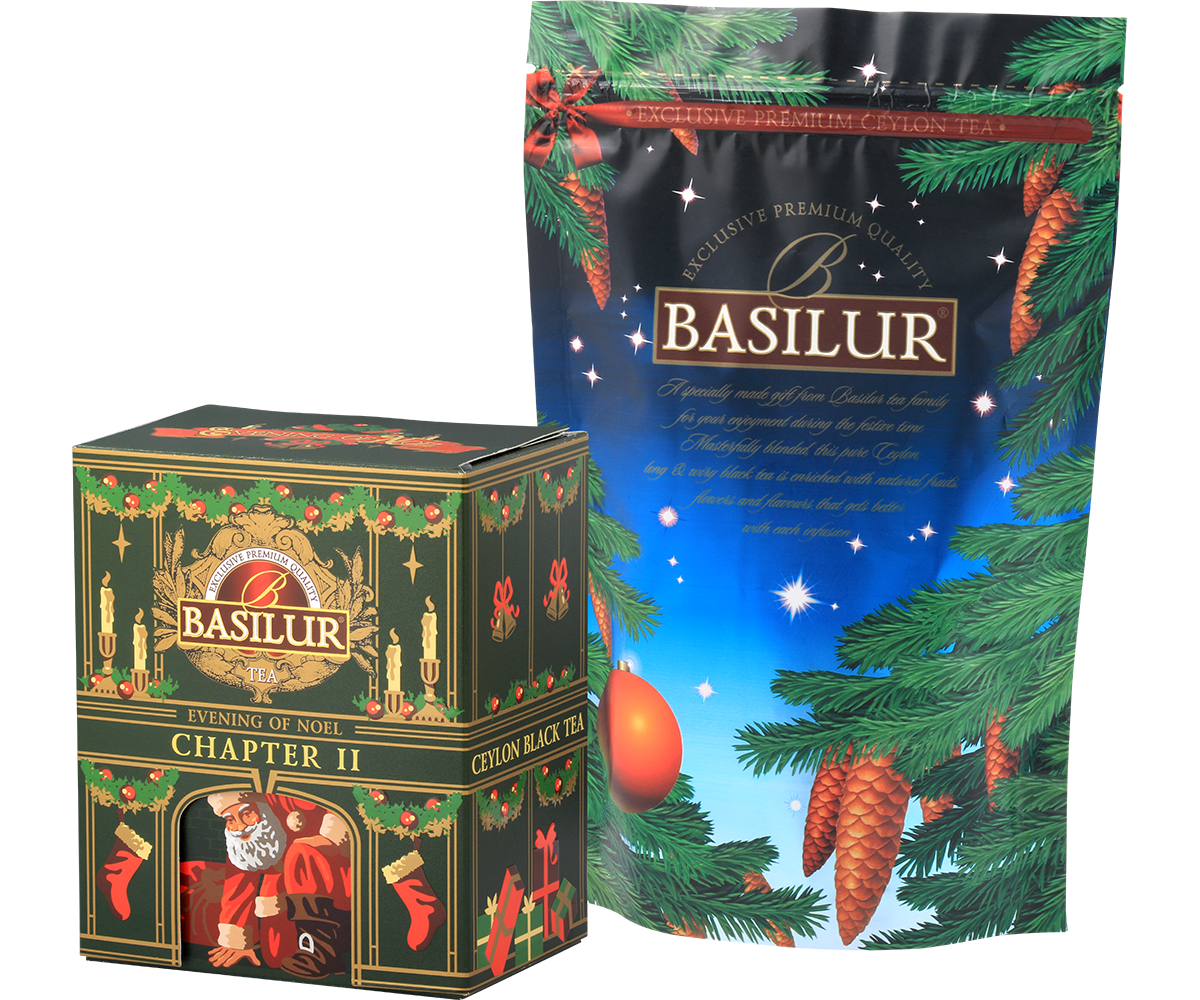 Zestaw herbaty Basilur Chapter II z opakowaniem i torebką wewnętrzną, czarna herbata cejlońska premium.