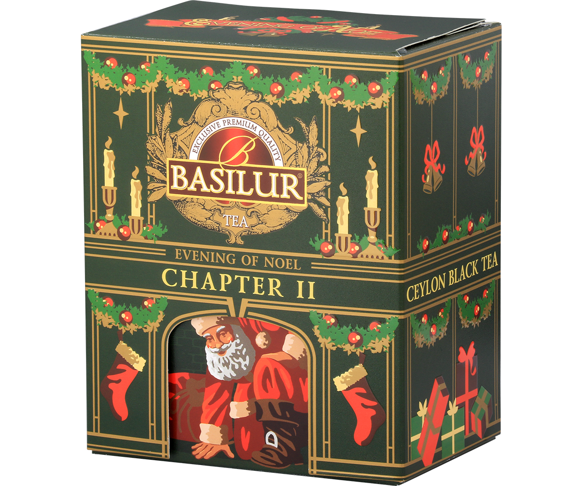 Herbata Basilur Evening of Noel Chapter II w ozdobnym pudełku z motywem świątecznego kominka i Mikołaja.