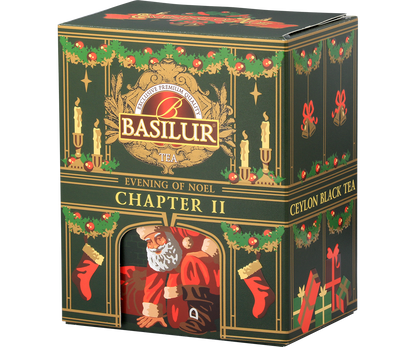 Herbata Basilur Evening of Noel Chapter II w ozdobnym pudełku z motywem świątecznego kominka i Mikołaja.