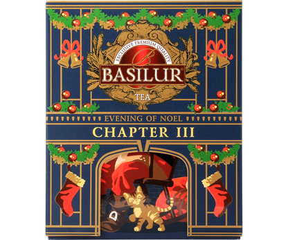 Herbata Basilur Chapter III Evening of Noel w ozdobnej świątecznej puszce z motywem kota i kominka.
