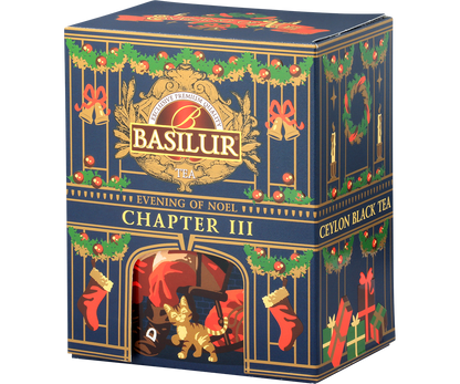 Herbata Basilur Chapter III – elegancka świąteczna puszka z czerwonymi skarpetami i prezentami.