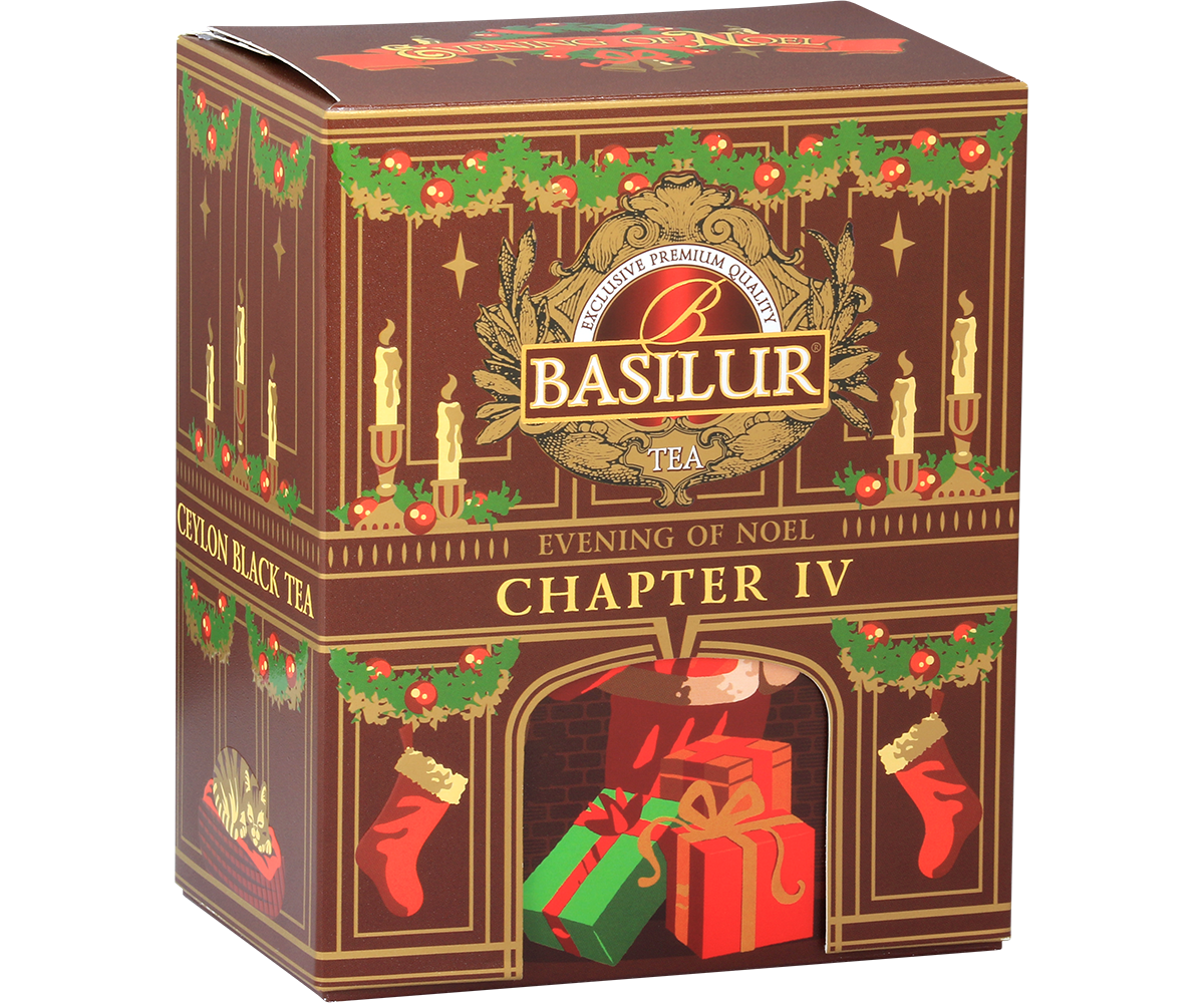 Herbata Basilur Chapter IV Evening of Noel w brązowej puszce z motywem świec i prezentów.
