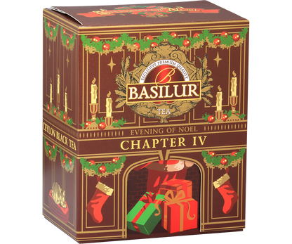 Herbata Basilur Chapter IV Evening of Noel w brązowej puszce z motywem świec i prezentów.