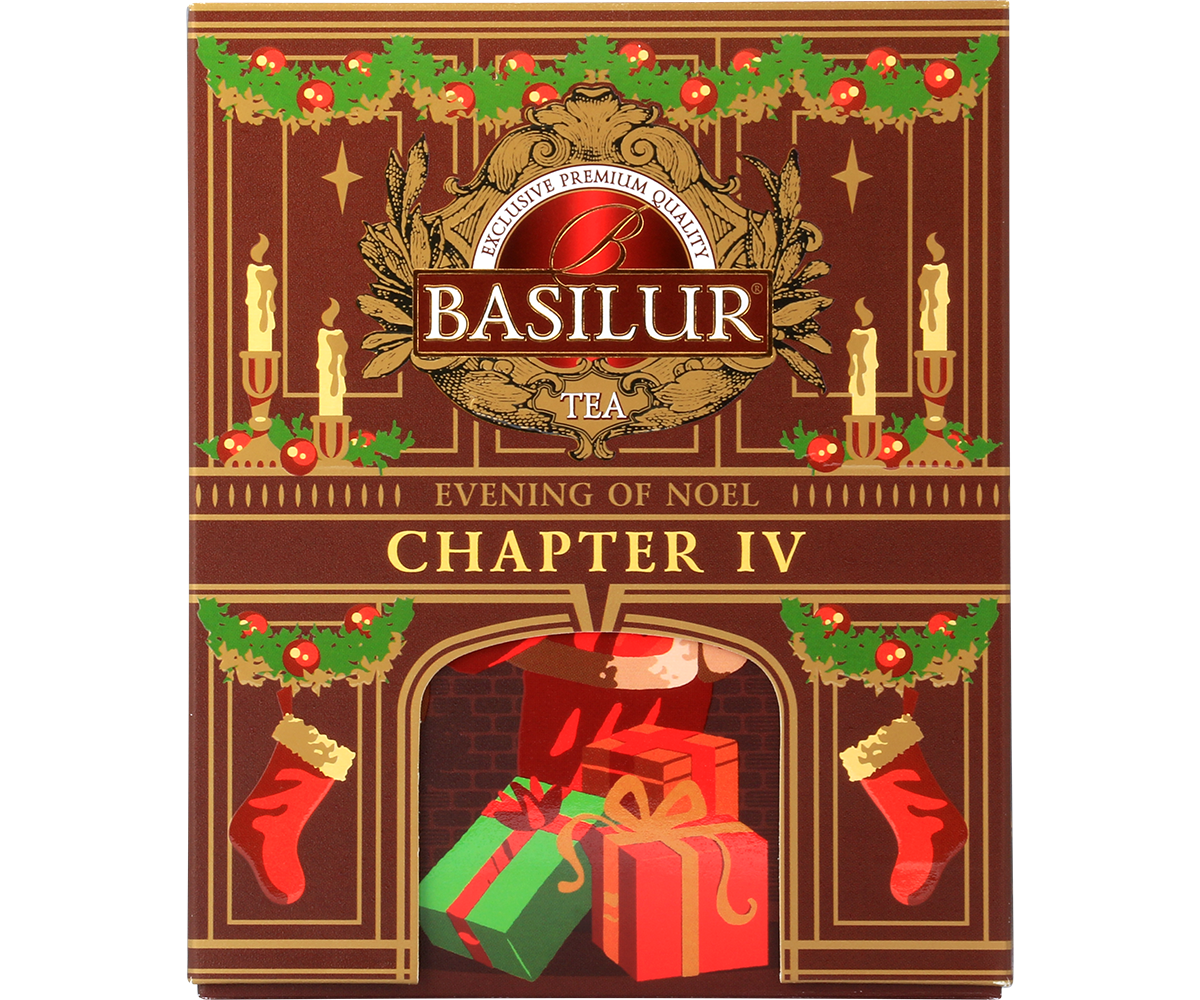 Opakowanie herbaty Basilur Chapter IV z kominkiem, girlandami i świątecznymi ozdobami.