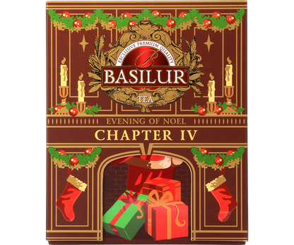 Opakowanie herbaty Basilur Chapter IV z kominkiem, girlandami i świątecznymi ozdobami.