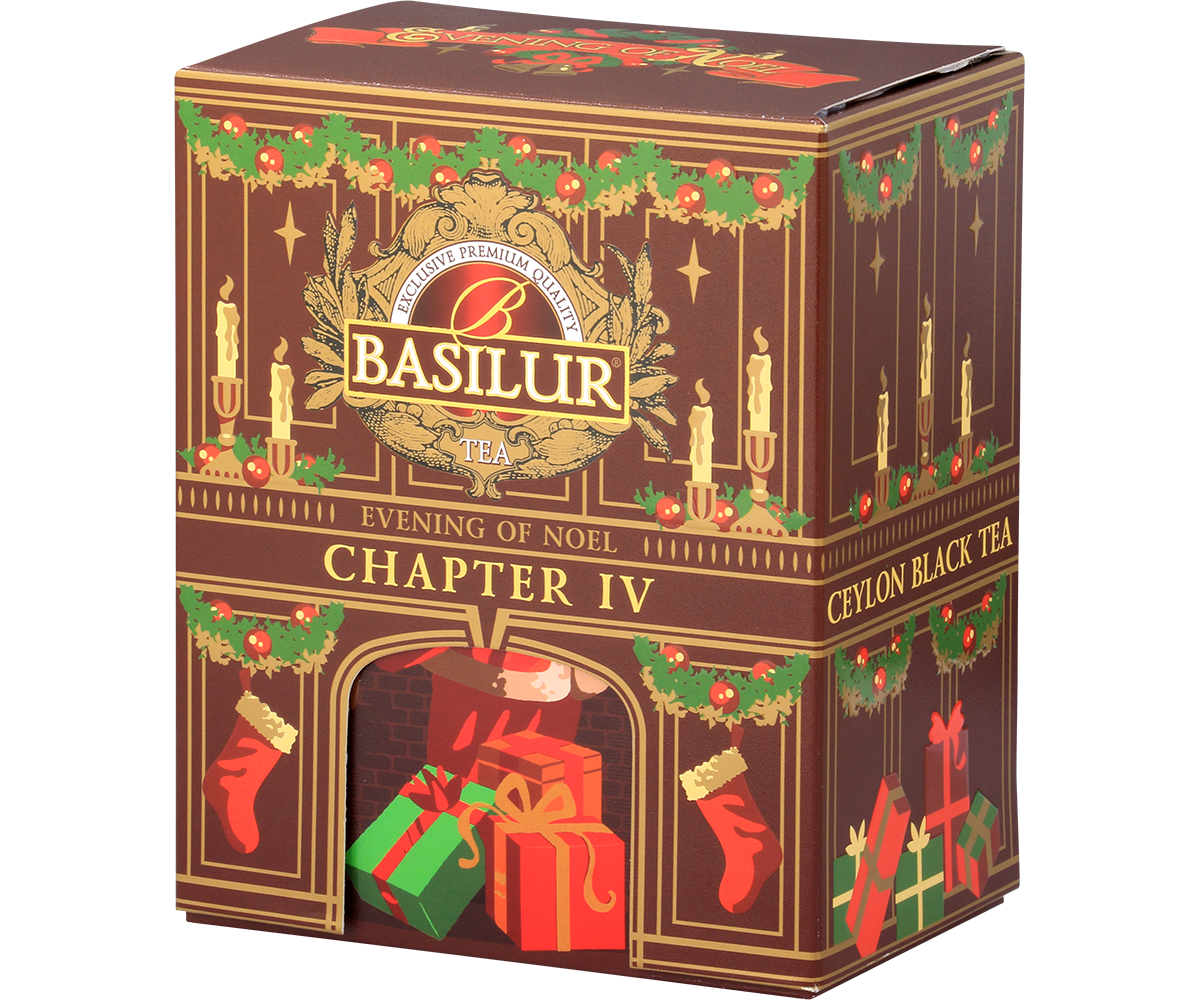 Herbata Basilur Chapter IV – elegancka puszka świąteczna z czerwonymi i zielonymi prezentami.
