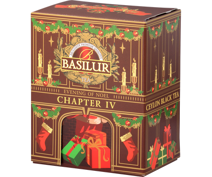Herbata Basilur Chapter IV – elegancka puszka świąteczna z czerwonymi i zielonymi prezentami.
