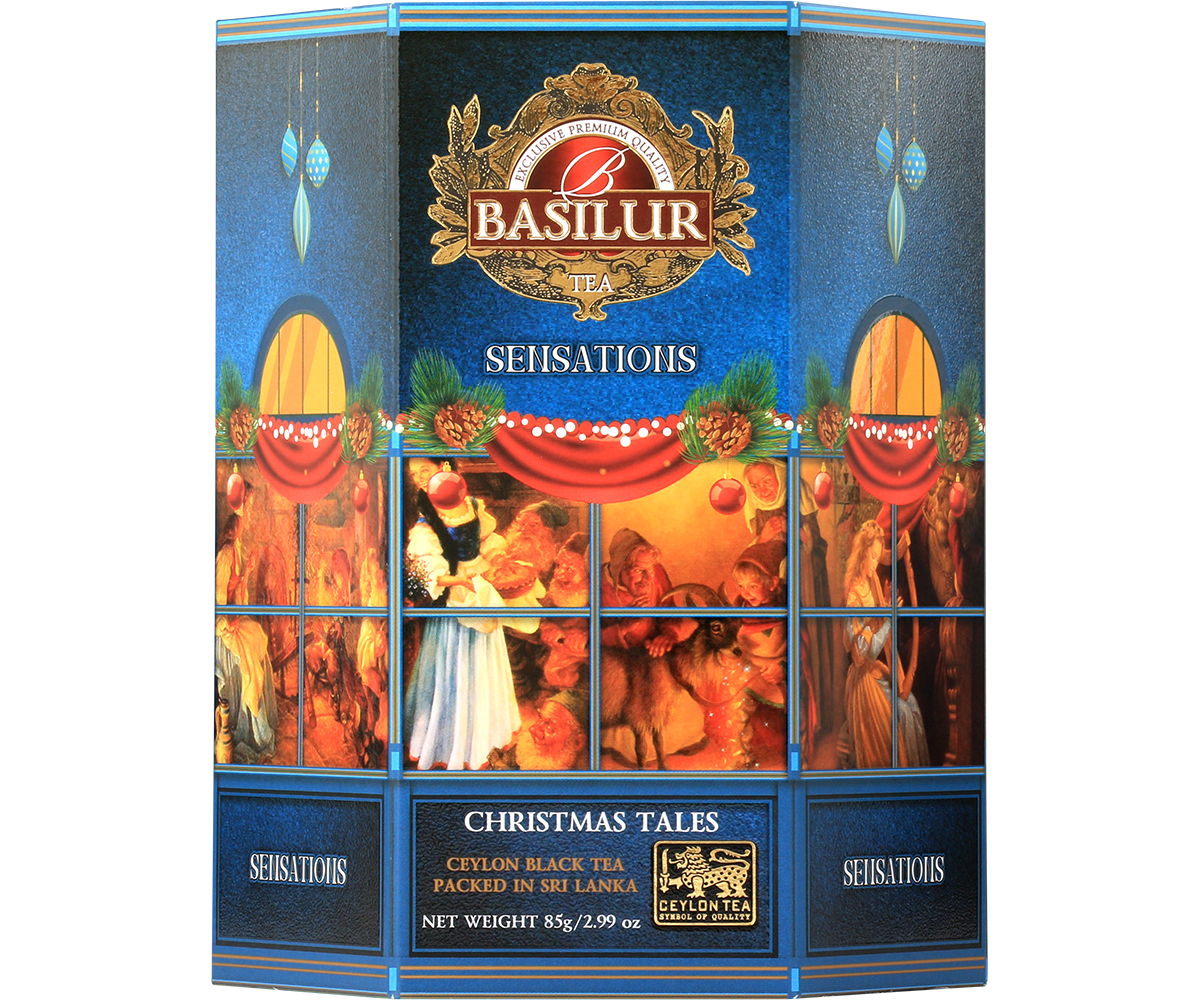 Herbata Basilur Christmas Tales w niebieskiej świątecznej puszce z ilustracją bożonarodzeniowej sceny.
