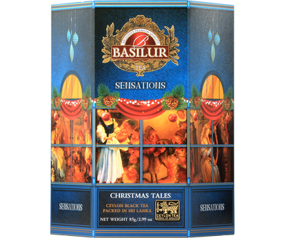 Herbata Basilur Christmas Tales w niebieskiej świątecznej puszce z ilustracją bożonarodzeniowej sceny.