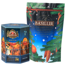 Zestaw Basilur Christmas Tales w ozdobnym opakowaniu z torebką foliową z motywem choinki.