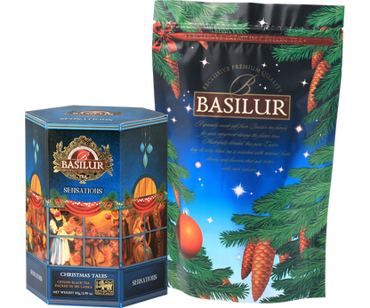 Zestaw Basilur Christmas Tales w ozdobnym opakowaniu z torebką foliową z motywem choinki.