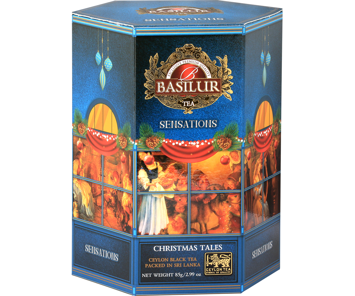 Herbata Basilur Christmas Tales – świąteczna puszka z motywem rodzinnych opowieści.