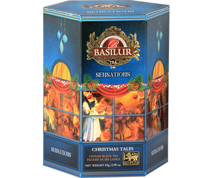 Herbata Basilur Christmas Tales – świąteczna puszka z motywem rodzinnych opowieści.