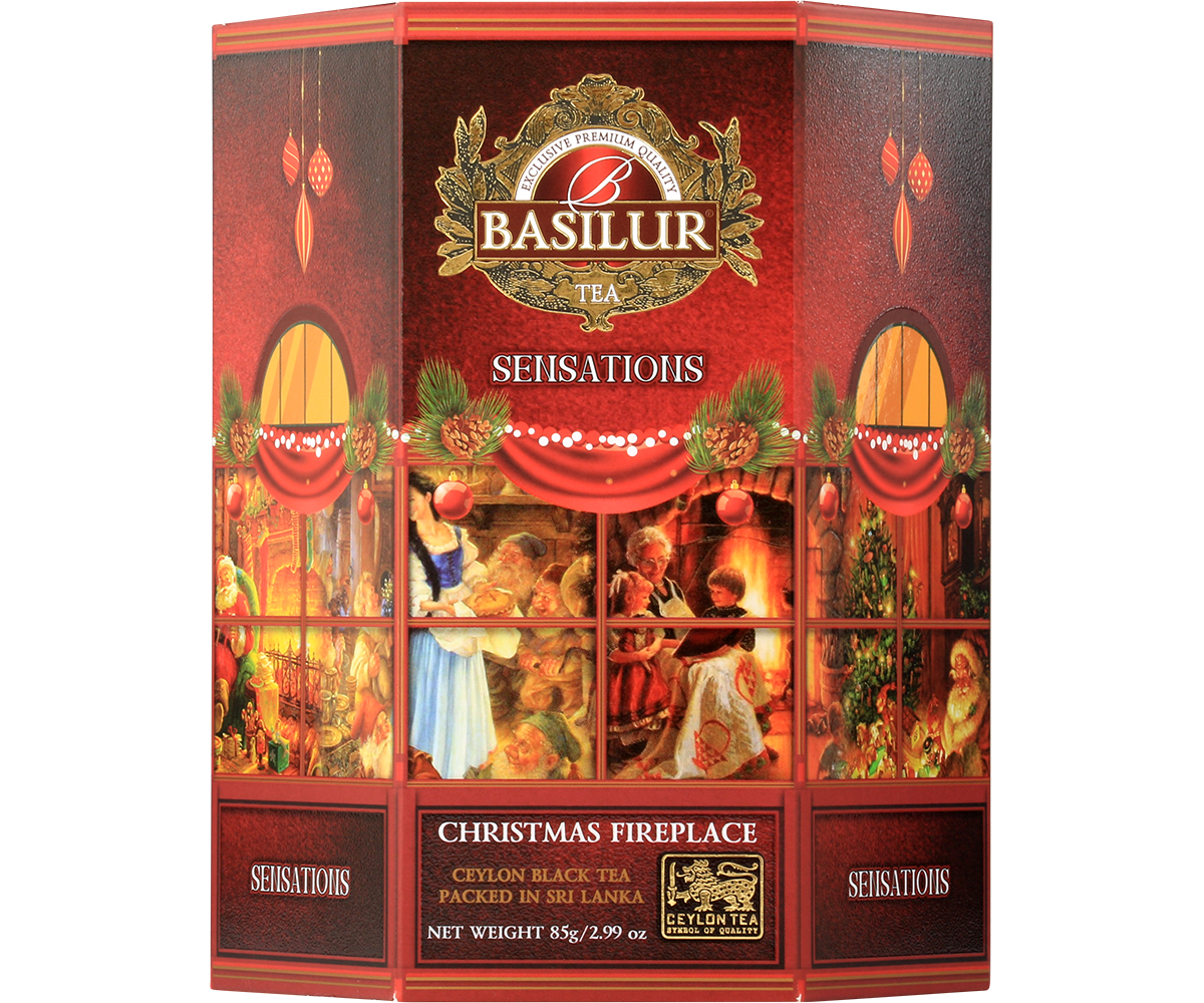 Herbata Basilur Christmas Fireplace w czerwonej świątecznej puszce z motywem kominka.