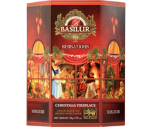 Herbata Basilur Christmas Fireplace w czerwonej świątecznej puszce z motywem kominka.