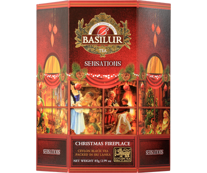 Herbata Basilur Christmas Fireplace w czerwonej świątecznej puszce z motywem kominka.