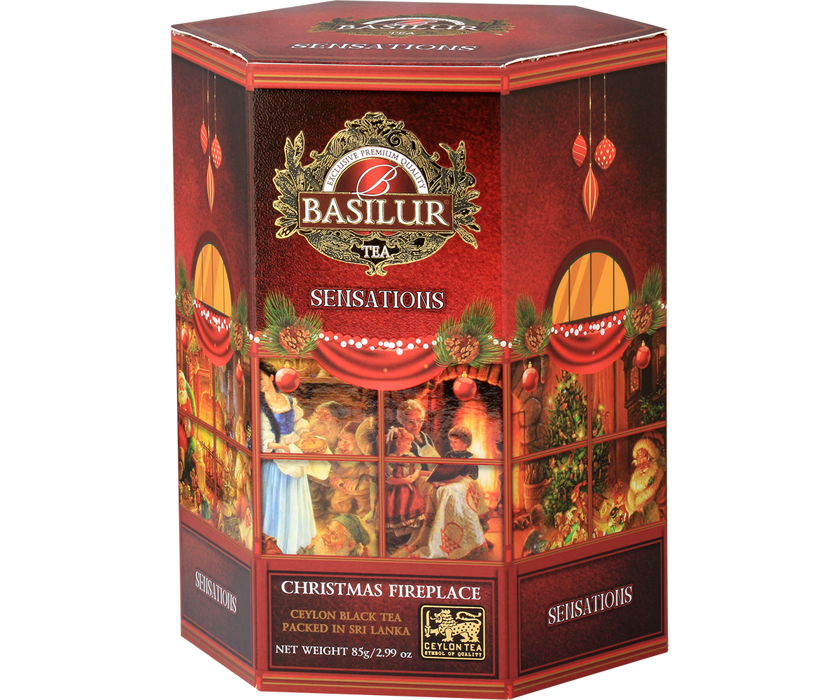 Elegancka puszka Basilur Christmas Fireplace z ilustracją rodziny przy kominku.