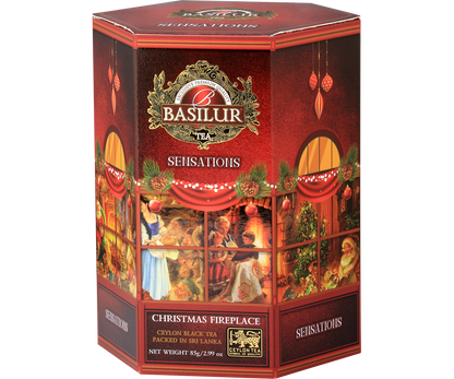 Elegancka puszka Basilur Christmas Fireplace z ilustracją rodziny przy kominku.