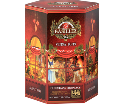 Herbata Basilur Christmas Fireplace – świąteczna puszka z ciepłym, zimowym motywem.