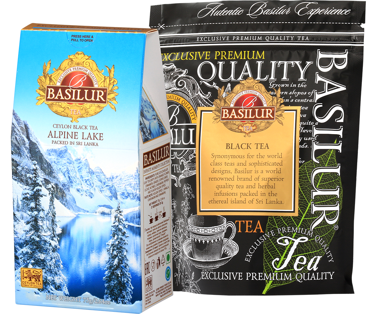 Wewnętrzne opakowanie herbaty Basilur Alpine Lake w eleganckiej czarno-złotej torbie.