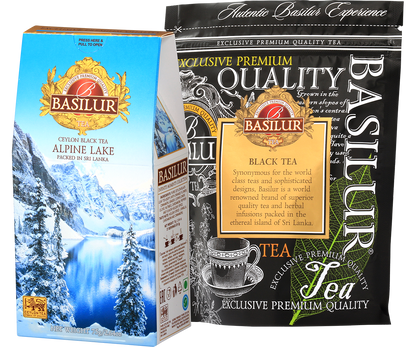 Wewnętrzne opakowanie herbaty Basilur Alpine Lake w eleganckiej czarno-złotej torbie.