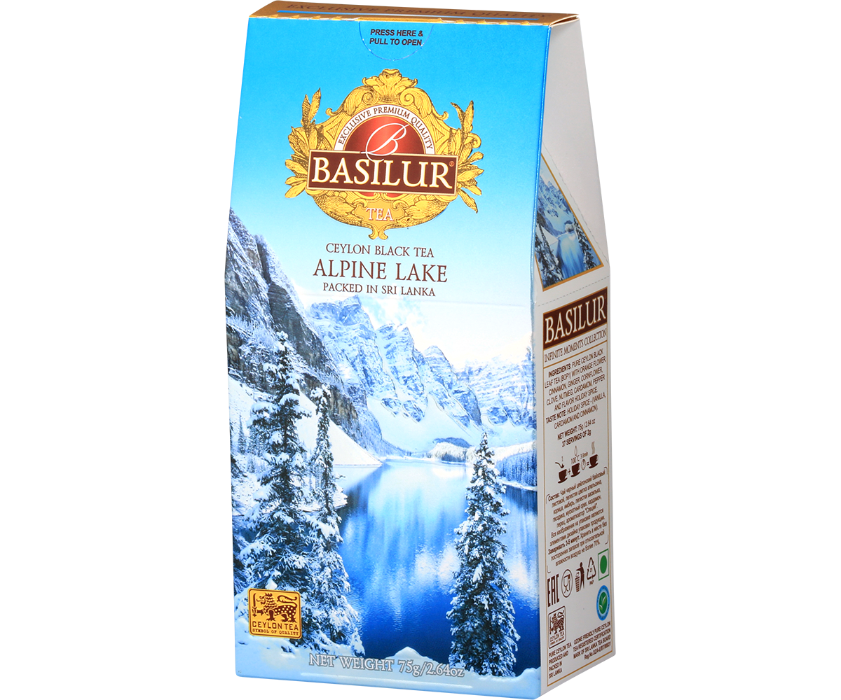 Opakowanie Basilur Alpine Lake z widokiem na zimowy krajobraz i złote logo marki.