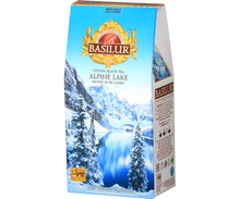 Opakowanie Basilur Alpine Lake z widokiem na zimowy krajobraz i złote logo marki.
