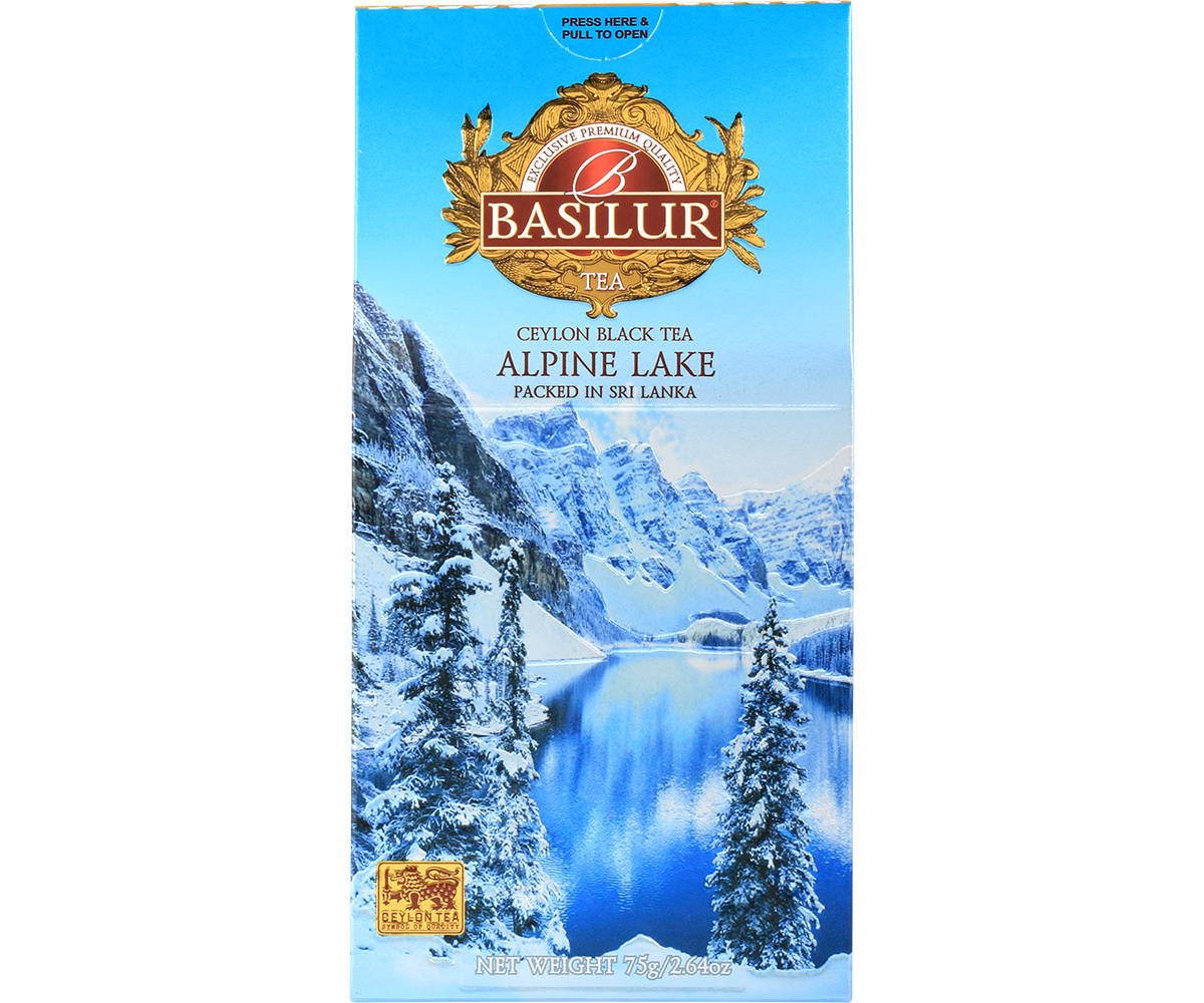 Herbata Basilur Alpine Lake w niebieskim opakowaniu z motywem ośnieżonych gór i jeziora.