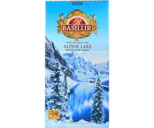 Herbata Basilur Alpine Lake w niebieskim opakowaniu z motywem ośnieżonych gór i jeziora.