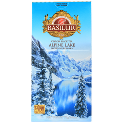 Herbata Basilur Alpine Lake w niebieskim opakowaniu z motywem ośnieżonych gór i jeziora.