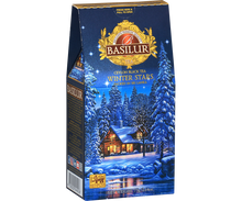 Opakowanie herbaty Basilur Winter Stars z zimowym pejzażem i chatką w lesie, herbata czarna cejlońska.