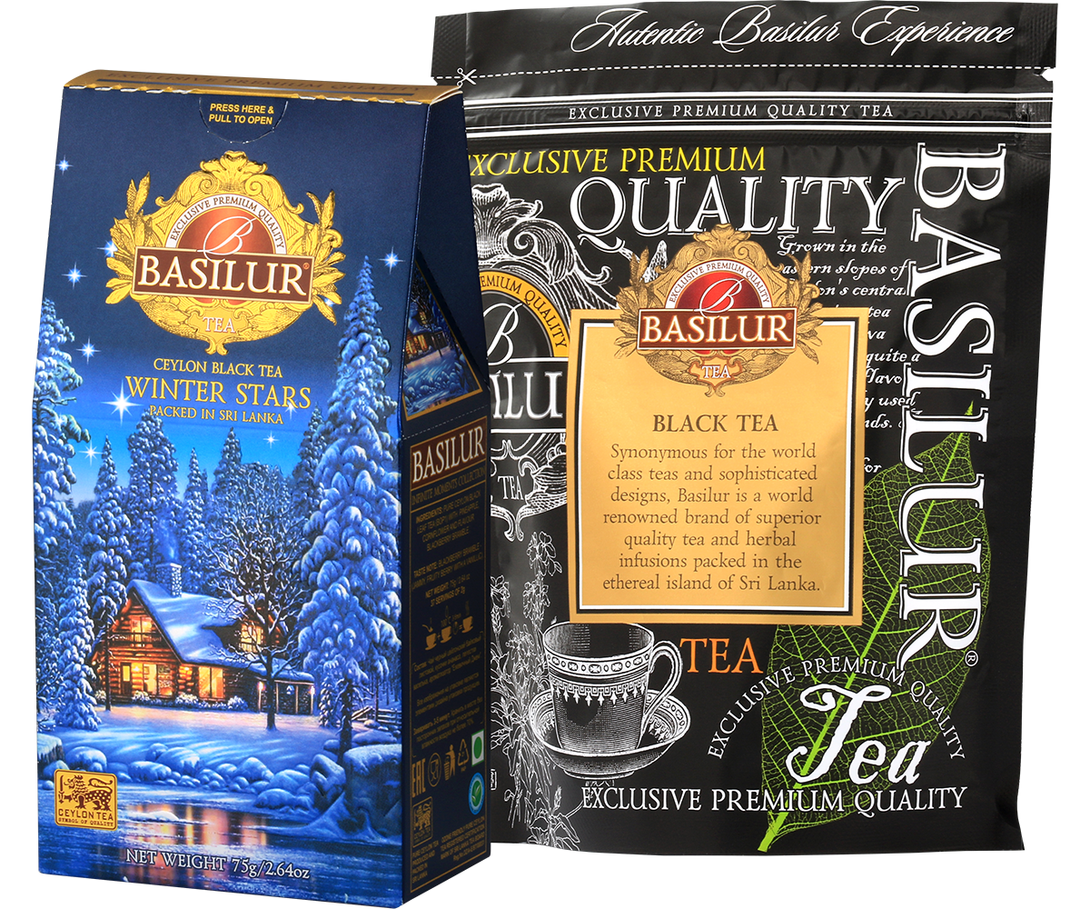 Zestaw herbaty Basilur Winter Stars z opakowaniem i torebką wewnętrzną, ekskluzywna czarna herbata.
