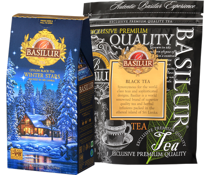 Zestaw herbaty Basilur Winter Stars z opakowaniem i torebką wewnętrzną, ekskluzywna czarna herbata.