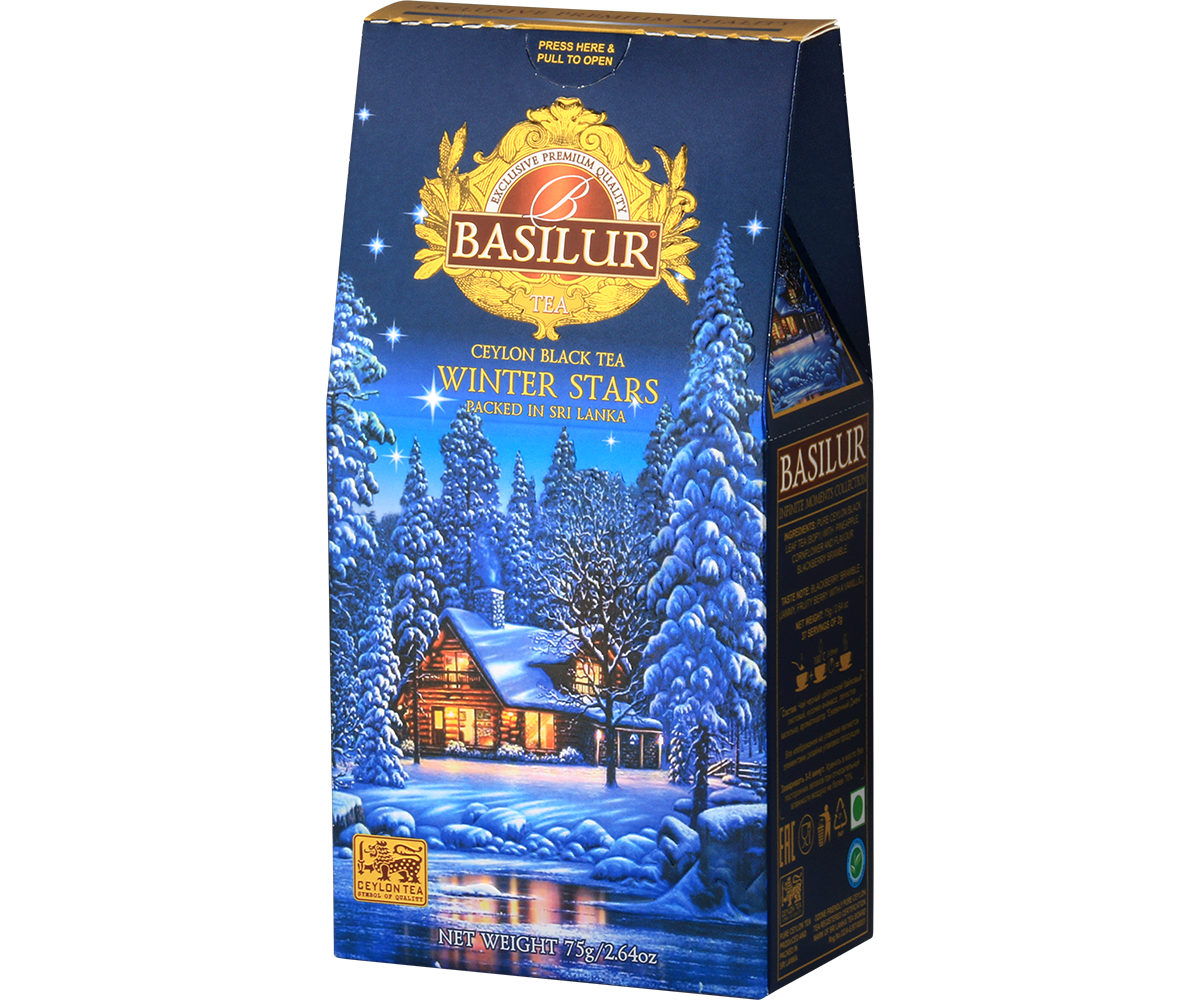 Herbata Basilur Winter Stars w eleganckim pudełku z zimową grafiką, idealna na prezent.